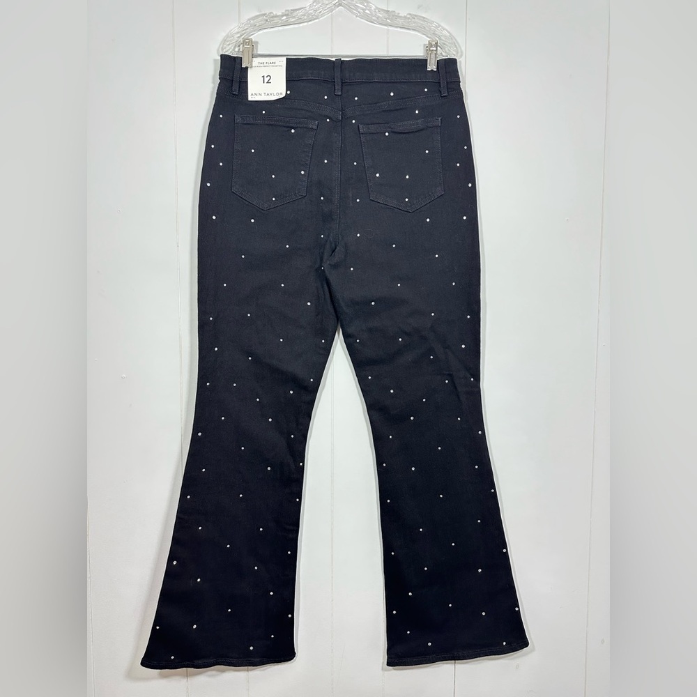 NWT Ann Taylor Sz 12 The Flare Crystal High Rise Embellished Black Denim Jeans - Picture 3 of 9